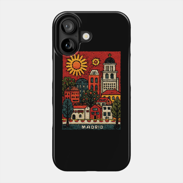Sunny Madrid Spain Linocut Print | Retro Plaza Mayor Souvenir Phone Case by TuncGK