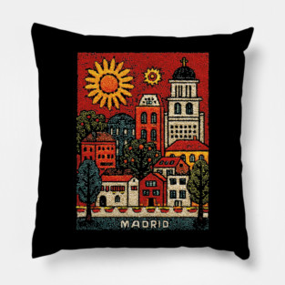 Sunny Madrid Spain Linocut Print | Retro Plaza Mayor Souvenir Pillow