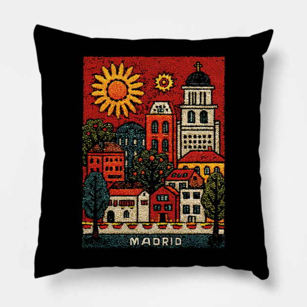Sunny Madrid Spain Linocut Print | Retro Plaza Mayor Souvenir Pillow by TuncGK