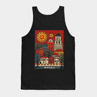 Sunny Madrid Spain Linocut Print | Retro Plaza Mayor Souvenir Tank Top