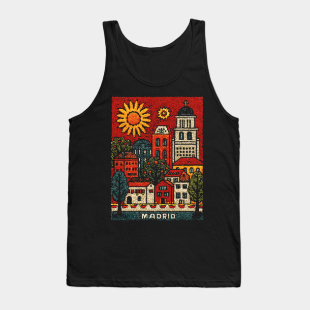 Sunny Madrid Spain Linocut Print | Retro Plaza Mayor Souvenir Tank Top by TuncGK