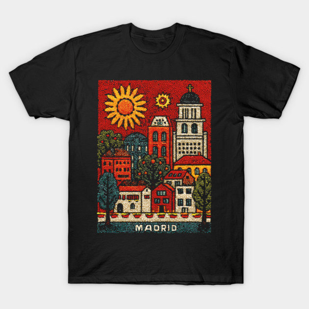Sunny Madrid Spain Linocut Print | Retro Plaza Mayor Souvenir T-Shirt by TuncGK