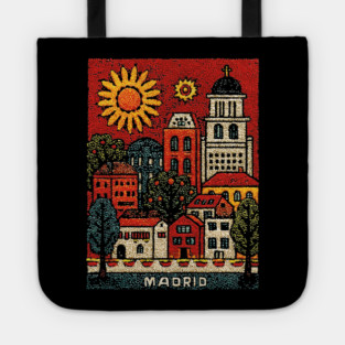 Sunny Madrid Spain Linocut Print | Retro Plaza Mayor Souvenir Tote