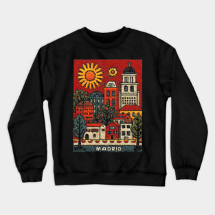 Sunny Madrid Spain Linocut Print | Retro Plaza Mayor Souvenir Crewneck Sweatshirt