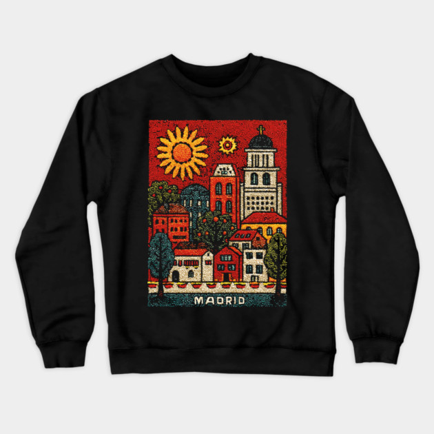 Sunny Madrid Spain Linocut Print | Retro Plaza Mayor Souvenir Crewneck Sweatshirt by TuncGK