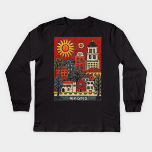 Sunny Madrid Spain Linocut Print | Retro Plaza Mayor Souvenir Kids Long Sleeve T-Shirt