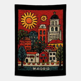 Sunny Madrid Spain Linocut Print | Retro Plaza Mayor Souvenir Tapestry