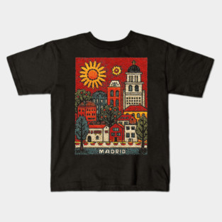 Sunny Madrid Spain Linocut Print | Retro Plaza Mayor Souvenir Kids T-Shirt