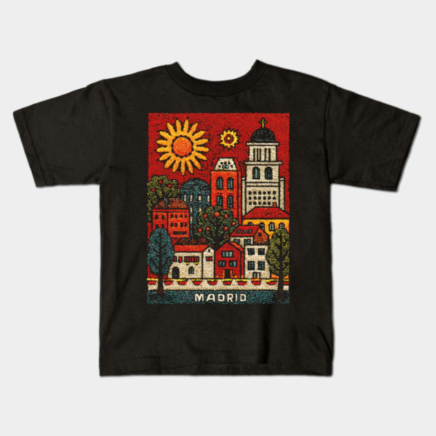 Sunny Madrid Spain Linocut Print | Retro Plaza Mayor Souvenir Kids T-Shirt by TuncGK