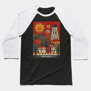 Sunny Madrid Spain Linocut Print | Retro Plaza Mayor Souvenir Baseball T-Shirt