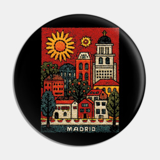 Sunny Madrid Spain Linocut Print | Retro Plaza Mayor Souvenir Pin