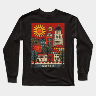 Sunny Madrid Spain Linocut Print | Retro Plaza Mayor Souvenir Long Sleeve T-Shirt
