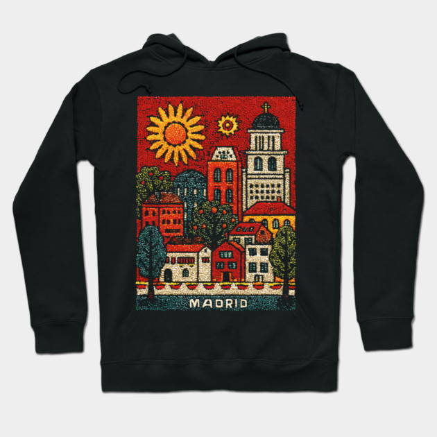 Sunny Madrid Spain Linocut Print | Retro Plaza Mayor Souvenir Hoodie by TuncGK