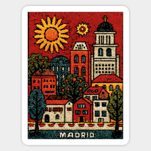 Sunny Madrid Spain Linocut Print | Retro Plaza Mayor Souvenir Sticker