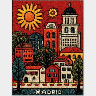 Sunny Madrid Spain Linocut Print | Retro Plaza Mayor Souvenir Posters and Art