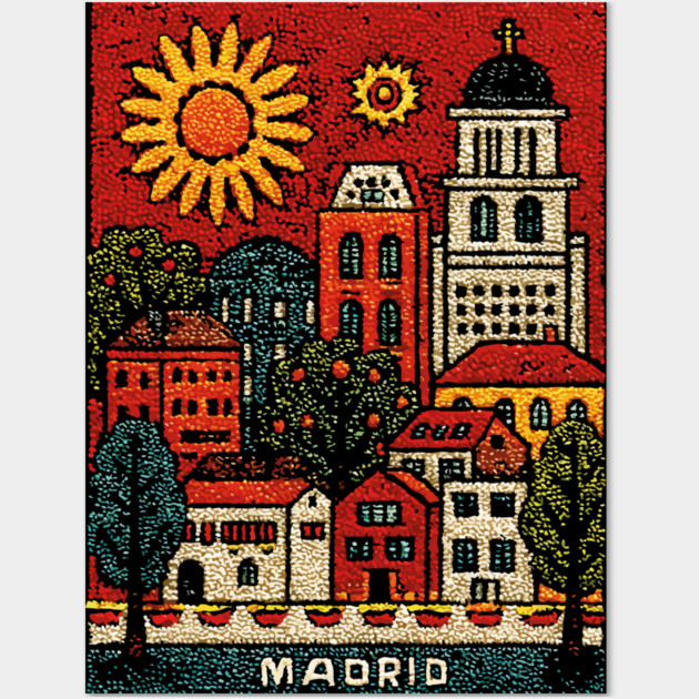 Sunny Madrid Spain Linocut Print | Retro Plaza Mayor Souvenir Wall Art by TuncGK