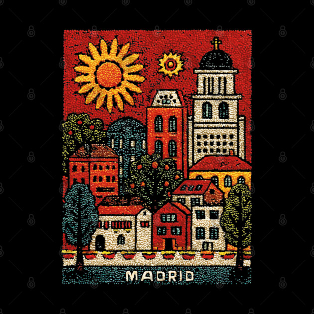 Sunny Madrid Spain Linocut Print | Retro Plaza Mayor Souvenir by TuncGK