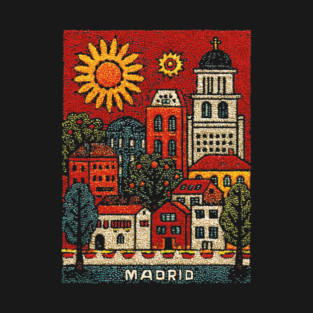Sunny Madrid Spain Linocut Print | Retro Plaza Mayor Souvenir T-Shirt