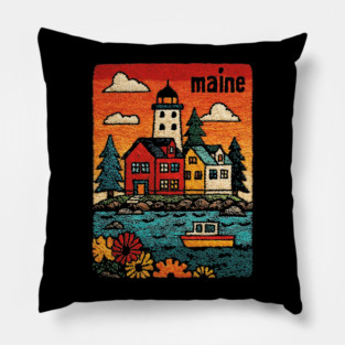 Maine Coastal Village Linocut Print | Retro New England Lighthouse Pillow