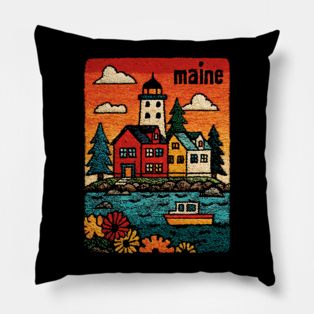 Maine Coastal Village Linocut Print | Retro New England Lighthouse Pillow by TuncGK