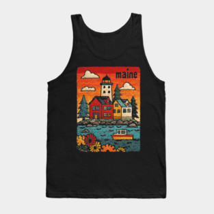 Maine Coastal Village Linocut Print | Retro New England Lighthouse Tank Top