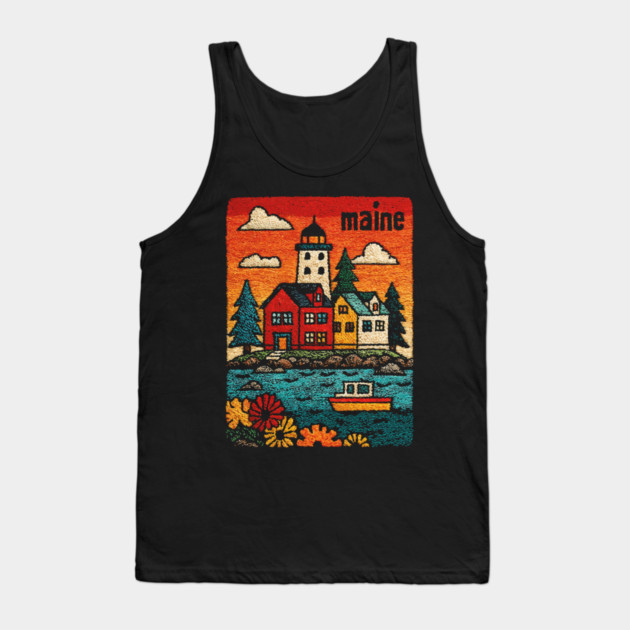Maine Coastal Village Linocut Print | Retro New England Lighthouse Tank Top by TuncGK