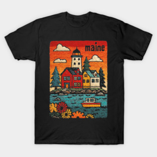 Maine Coastal Village Linocut Print | Retro New England Lighthouse T-Shirt