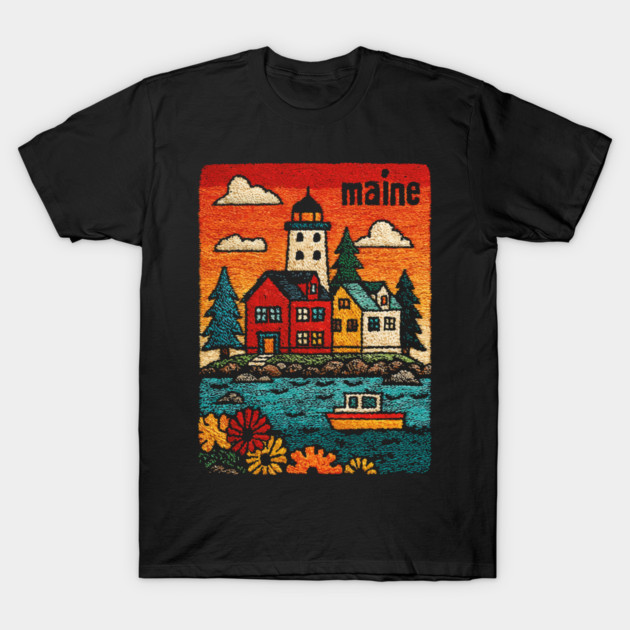 Maine Coastal Village Linocut Print | Retro New England Lighthouse T-Shirt by TuncGK