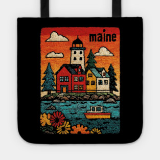 Maine Coastal Village Linocut Print | Retro New England Lighthouse Tote