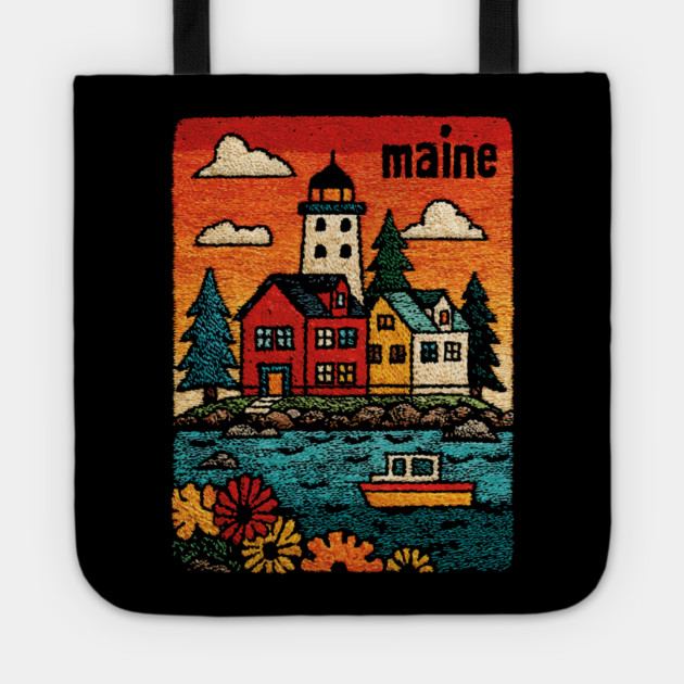 Maine Coastal Village Linocut Print | Retro New England Lighthouse Tote by TuncGK