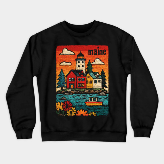 Maine Coastal Village Linocut Print | Retro New England Lighthouse Crewneck Sweatshirt by TuncGK