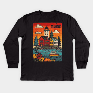 Maine Coastal Village Linocut Print | Retro New England Lighthouse Kids Long Sleeve T-Shirt
