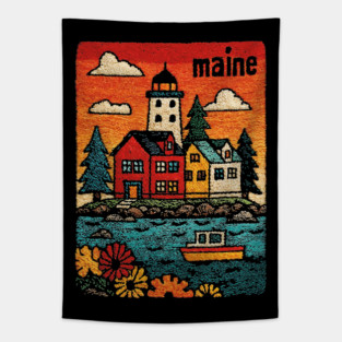 Maine Coastal Village Linocut Print | Retro New England Lighthouse Tapestry