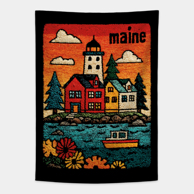 Maine Coastal Village Linocut Print | Retro New England Lighthouse Tapestry by TuncGK