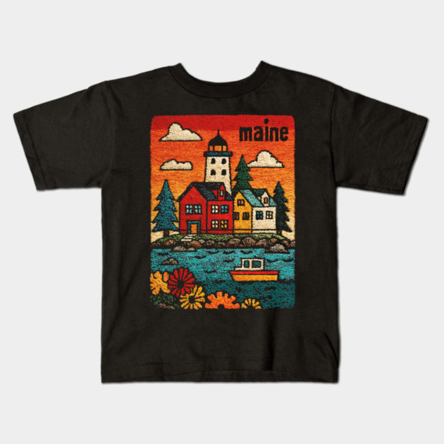 Maine Coastal Village Linocut Print | Retro New England Lighthouse Kids T-Shirt by TuncGK