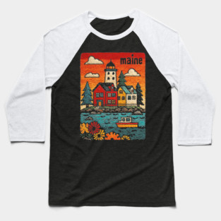 Maine Coastal Village Linocut Print | Retro New England Lighthouse Baseball T-Shirt