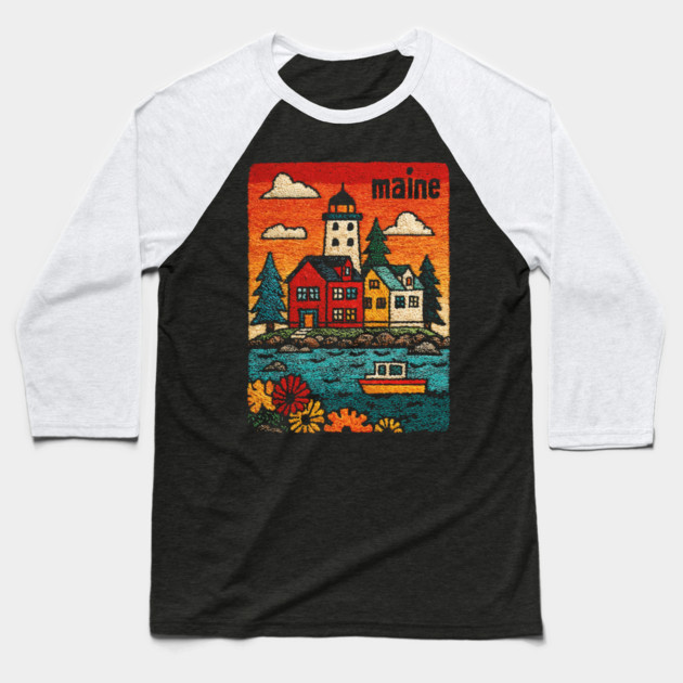 Maine Coastal Village Linocut Print | Retro New England Lighthouse Baseball T-Shirt by TuncGK