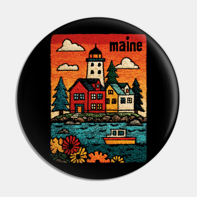 Maine Coastal Village Linocut Print | Retro New England Lighthouse Pin by TuncGK
