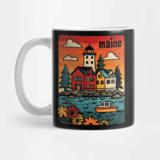 Maine Coastal Village Linocut Print | Retro New England Lighthouse Mug