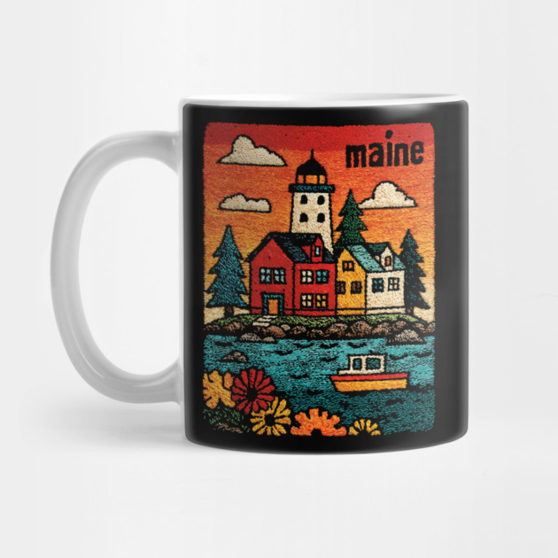 Maine Coastal Village Linocut Print | Retro New England Lighthouse by TuncGK