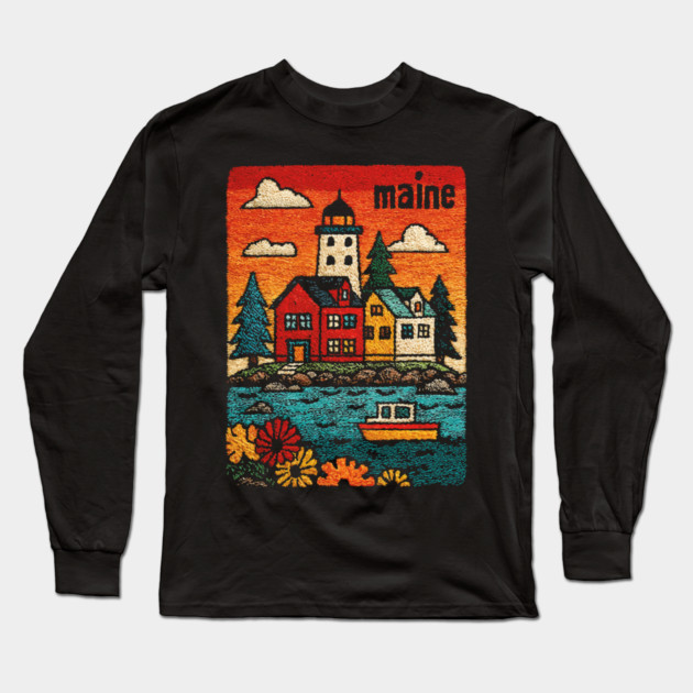 Maine Coastal Village Linocut Print | Retro New England Lighthouse Long Sleeve T-Shirt by TuncGK