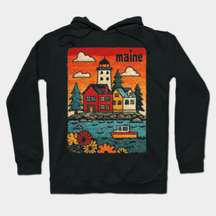 Maine Coastal Village Linocut Print | Retro New England Lighthouse Hoodie