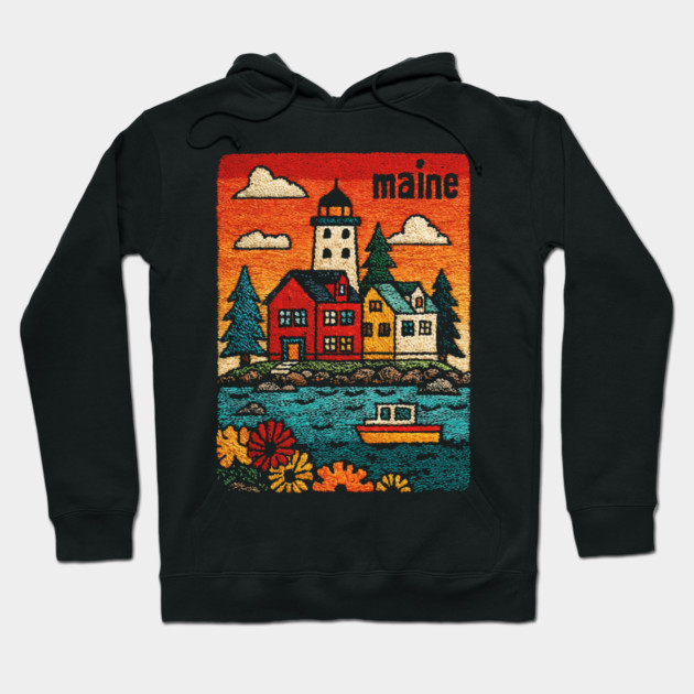 Maine Coastal Village Linocut Print | Retro New England Lighthouse Hoodie by TuncGK