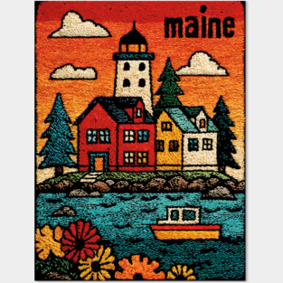 Maine Coastal Village Linocut Print | Retro New England Lighthouse Posters and Art