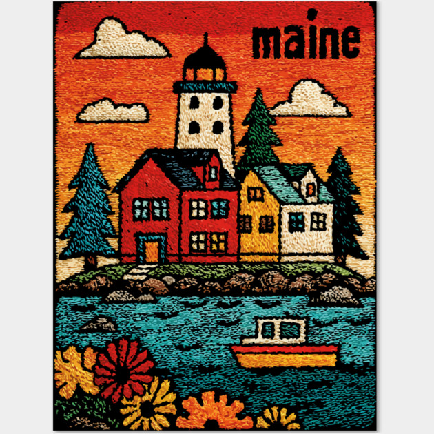 Maine Coastal Village Linocut Print | Retro New England Lighthouse Wall Art by TuncGK