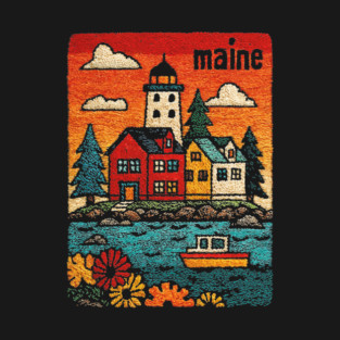 Maine Coastal Village Linocut Print | Retro New England Lighthouse T-Shirt