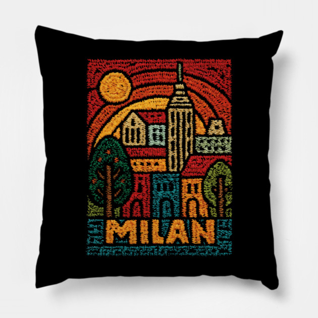 Milan Italy Linocut Poster | Vintage Duomo & Fashion Capital Pillow by TuncGK