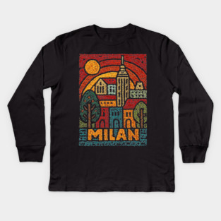 Milan Italy Linocut Poster | Vintage Duomo & Fashion Capital Kids Long Sleeve T-Shirt
