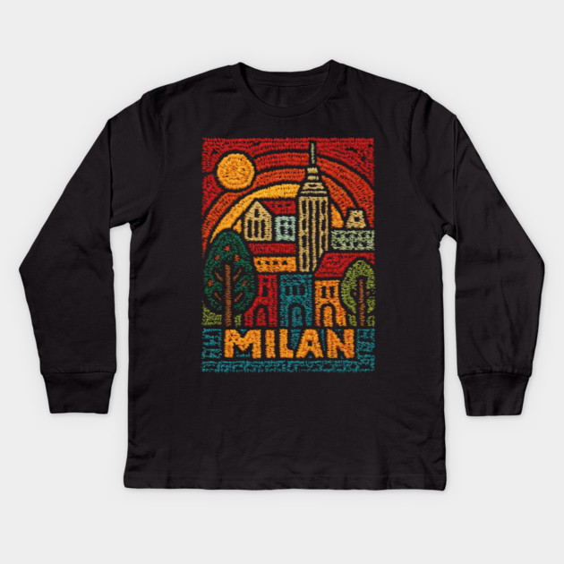 Milan Italy Linocut Poster | Vintage Duomo & Fashion Capital Kids Long Sleeve T-Shirt by TuncGK