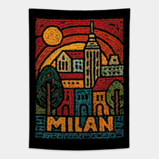 Milan Italy Linocut Poster | Vintage Duomo & Fashion Capital Tapestry